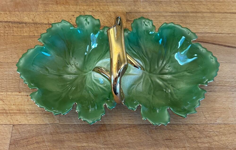 Vintage MCM Green Double Leaf Dish Gold Branch Handle Signed M. Holland